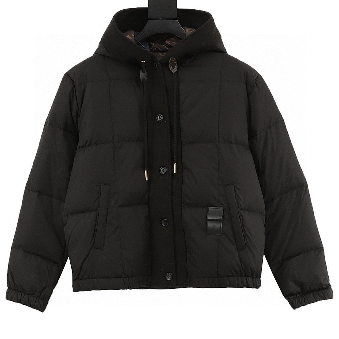 Louis Vuitton Fine-Check Hooded Down Jacket with Embossed Leather Patch