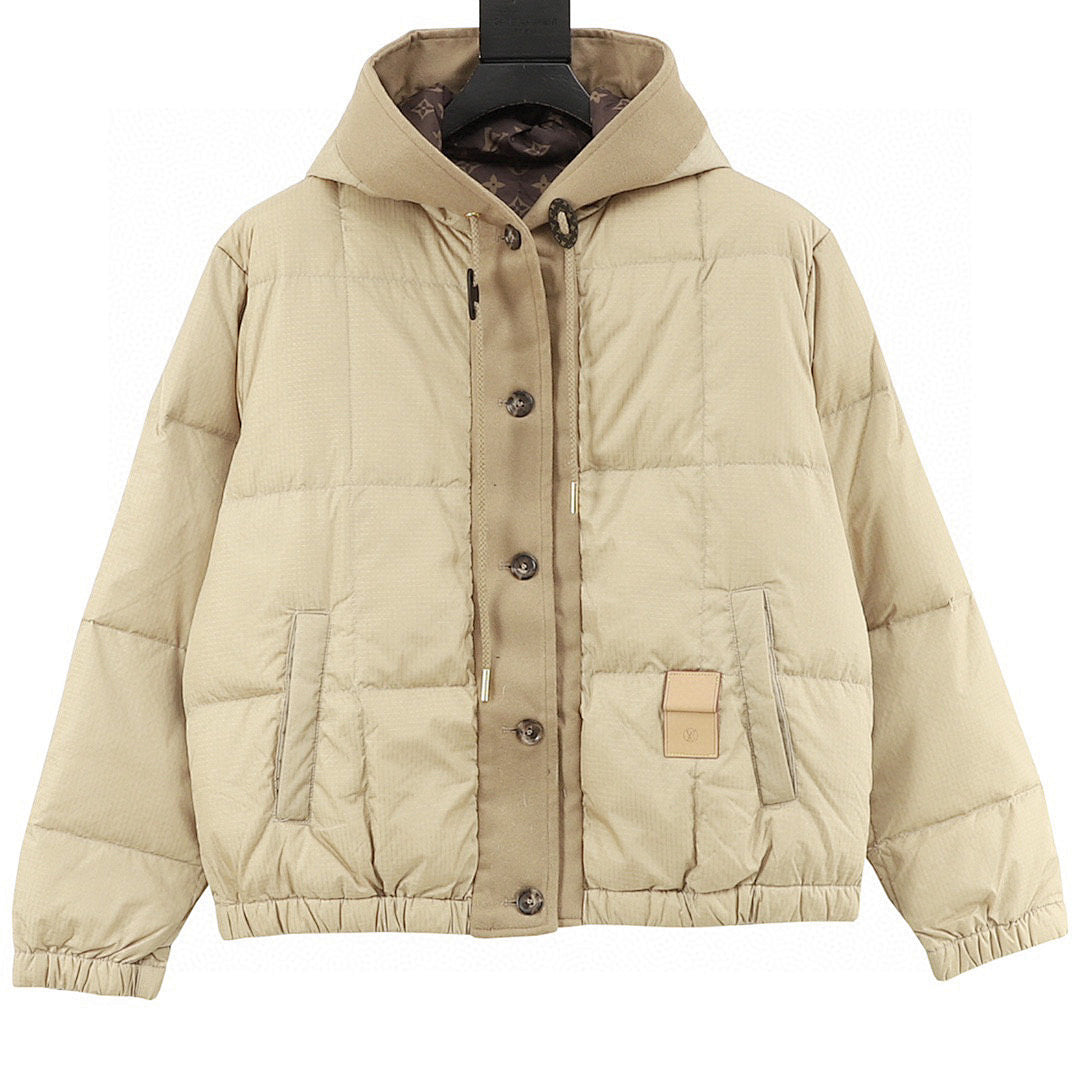 Louis Vuitton Fine-Check Hooded Down Jacket with Embossed Leather Patch