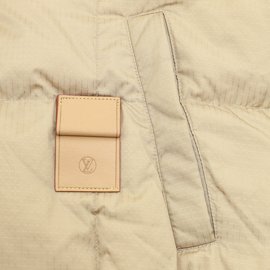 Louis Vuitton Fine-Check Hooded Down Jacket with Embossed Leather Patch